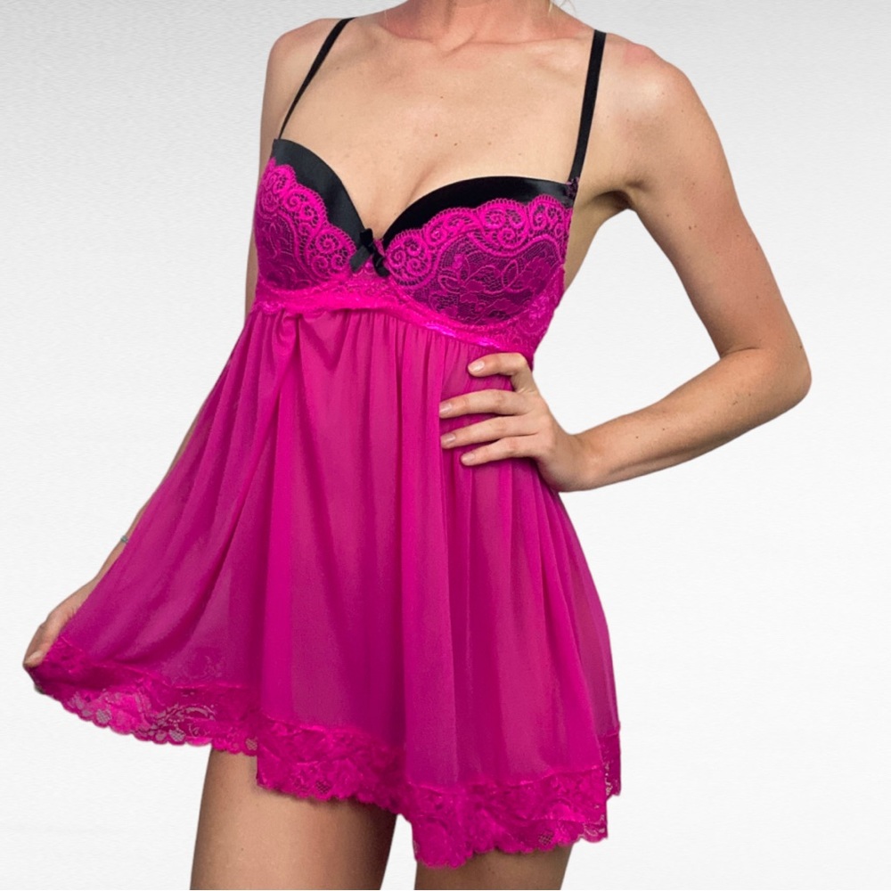 Dreamgirl | Magenta Pink & Black Satin Lace Mesh Push-Up Babydoll Lingerie Dress